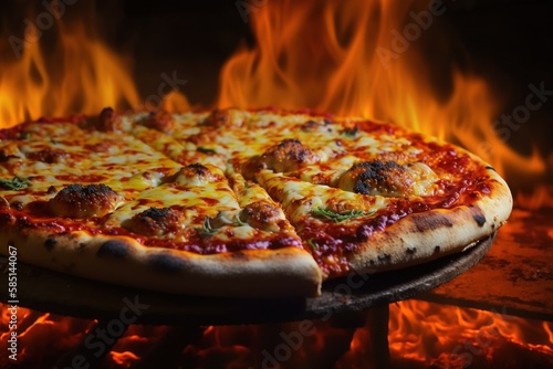 pizza on the fire, pizza fresh from the wood-fired oven photo