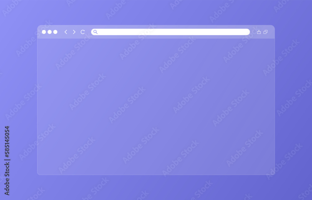 Transparent browser window on blue and violet background. Window internet browser with toolbar and search bar. Blank screen website mockup. Template design for ui, ux, app. Vector illustration - obrazy, fototapety, plakaty 