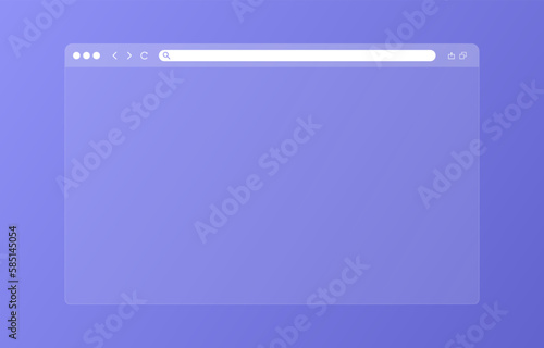 Transparent browser window on blue and violet background. Window internet browser with toolbar and search bar. Blank screen website mockup. Template design for ui, ux, app. Vector illustration