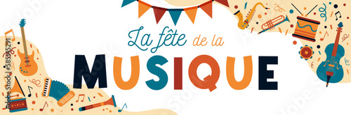 La fête de la Musique - Bannière colorée - Titre et illustrations autour de la musique, instruments et cotillons
