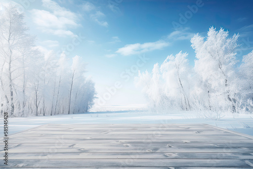 Winter Christmas scenic landscape with copy space. Wooden flooring, white trees in forest covered with snow, snowdrifts and snowfall against blue sky in sunny day on nature outdoors, blue tones © surassawadee