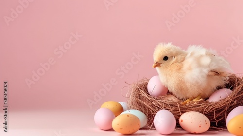 Easter holiday background with copy space. chick with easter eggs, colorful wallpaper