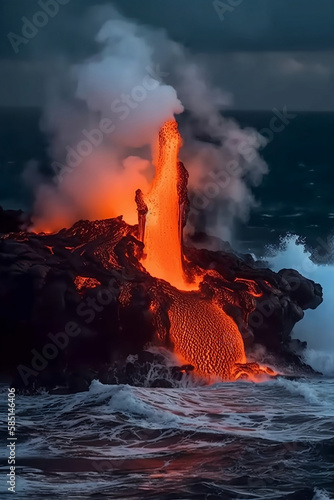flowing in water lava in autumn landscape