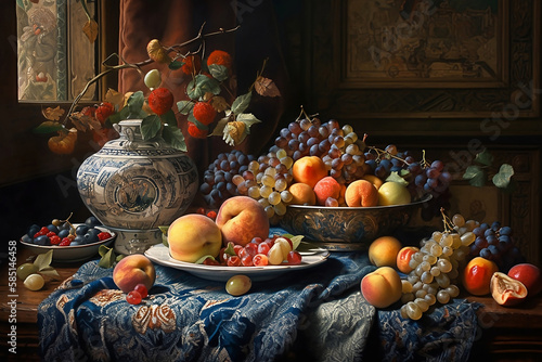 still life with fruit in vase on table