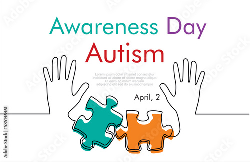 Continuous one line drawing of hands and puzzle. Autism awareness concept art. Accept autism and understand the challenges associated with it.Help people build kinder world for every unique individual