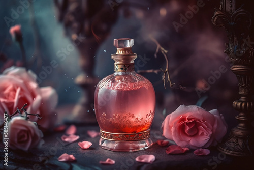 expensive vintage bottle with perfume with pink flowers