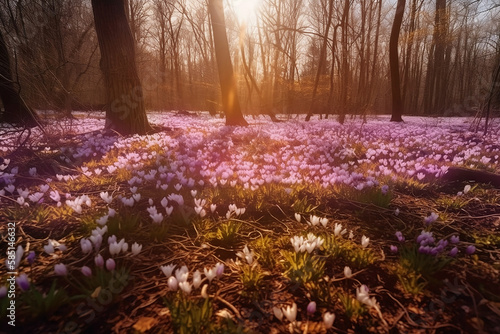 spring forest with blooming flowers in soft sunlight