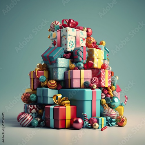 Pile of Christmas gifts box. Merry Christmas and Happy new year. Festive design with decorative elements. holiday season. Greeting card, banner, poster. generative ai