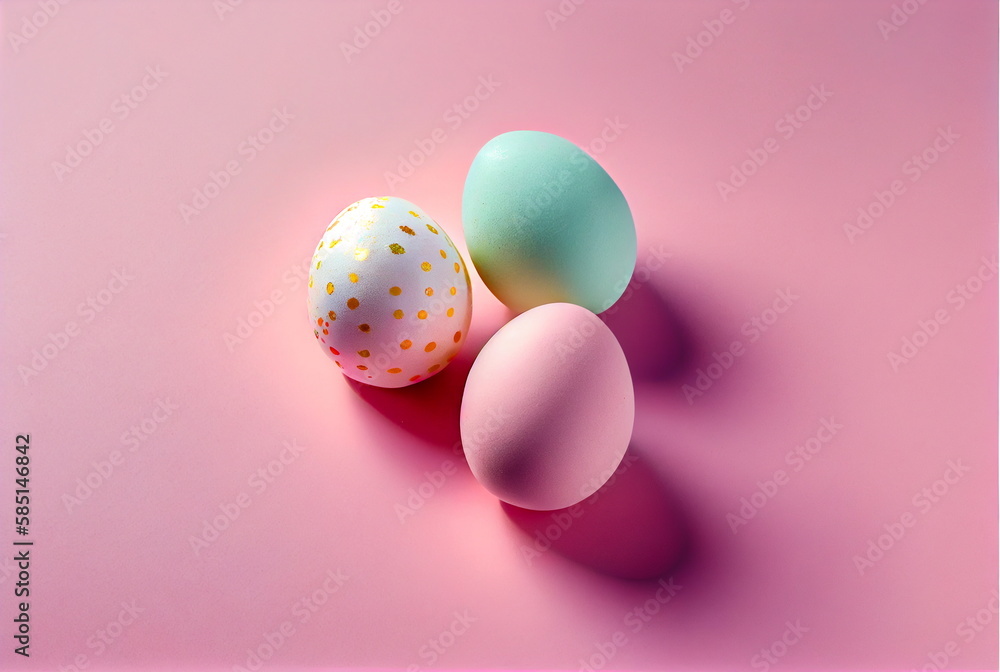 three pastel colored easter eggs on a pink background