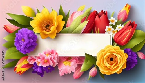 Happy Mother’s Day or Women’s Day greeting card with a bouquet of beautiful colorful flowers and copy space for your text, generative AI