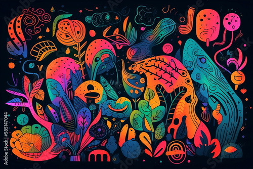 colorful illustration of abstract shapes and doodles in neon colors on dark background