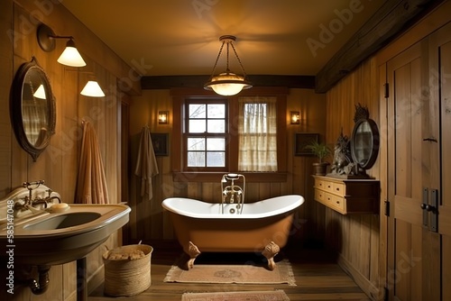 Rustic Bathroom  Design a bathroom with a rustic - inspired design  using natural materials and warm  earthy colors. Generative AI