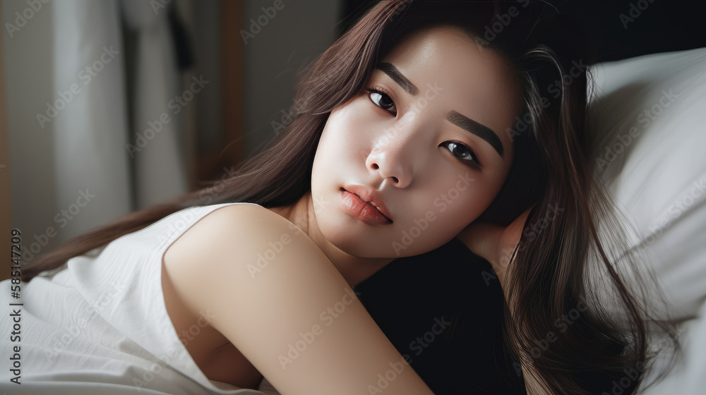 Beautiful Asian woman lying on the bed - close up of the face - made with Generative AI Beautiful Asian woman lying on the bed - close up of the face - made with Generative AI