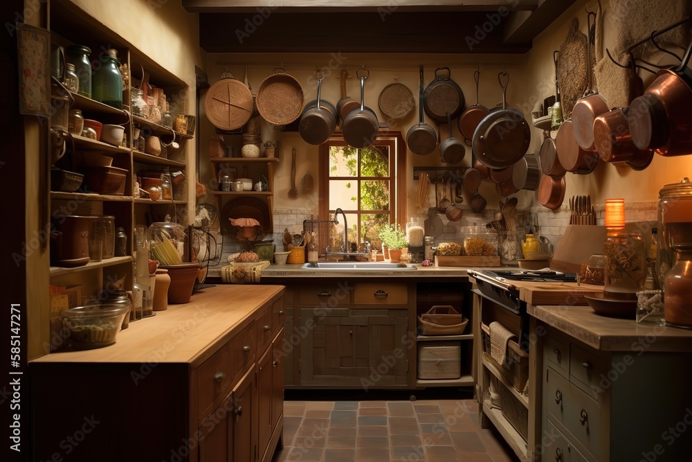 Rustic Kitchen: Design a kitchen with a cozy, rustic feel by incorporating natural elements such as wood, stone, and metal. Generative AI