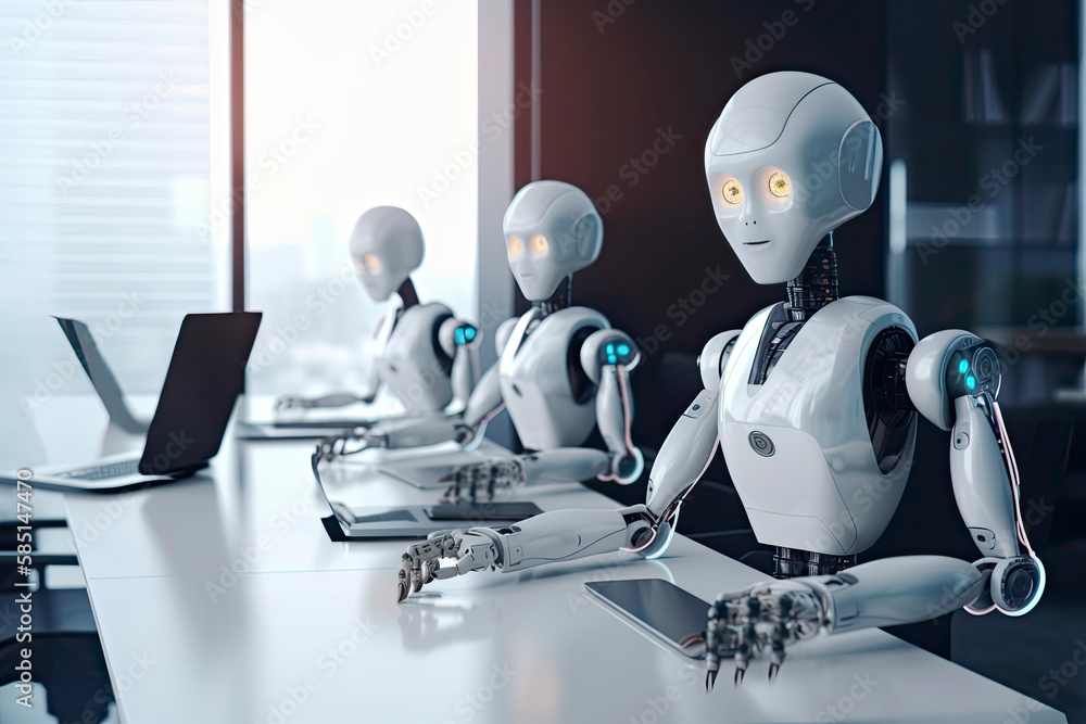 AI robots meeting and working on laptop on table in office AI robots meeting and working on laptop on table in office