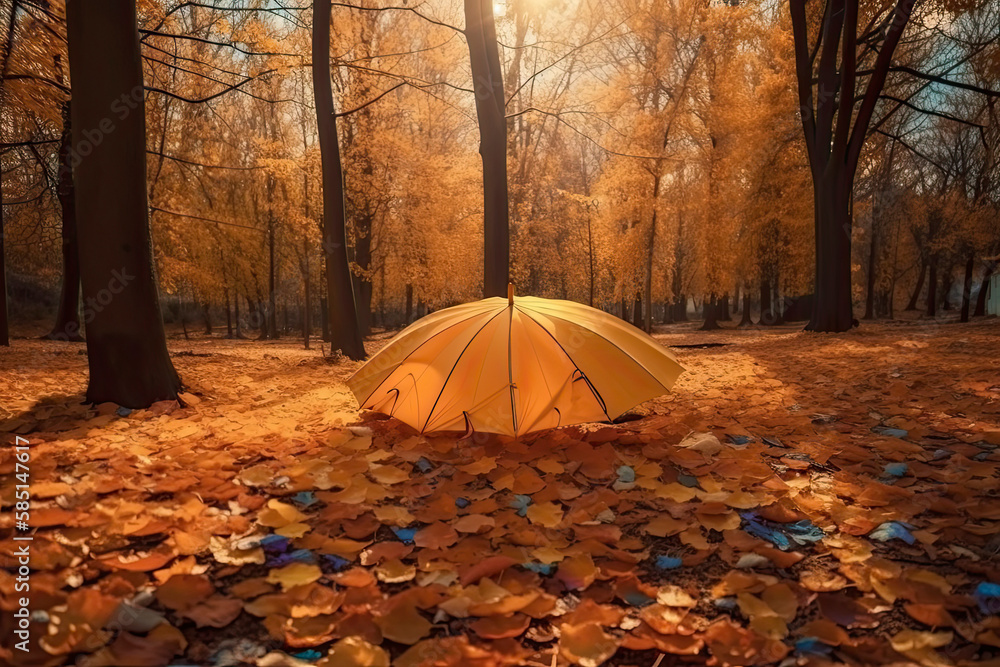 Beautiful autumn background landscape. Carpet of fallen orange autumn leaves in park and blue umbrella. Leaves fly in wind in sunlight. Concept of Golden autumn