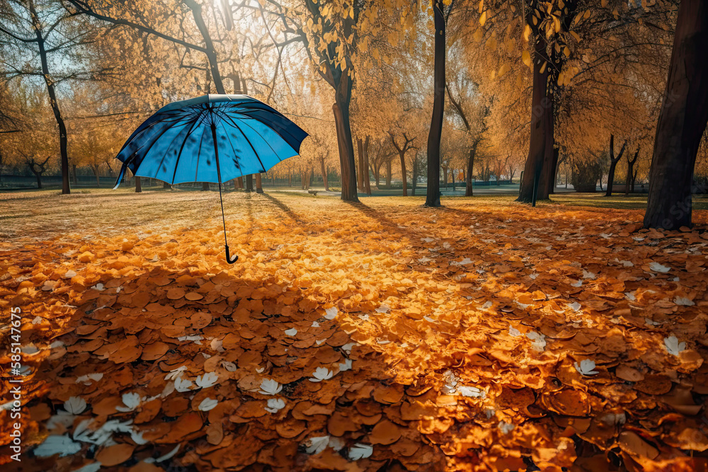Beautiful autumn background landscape. Carpet of fallen orange autumn leaves in park and blue umbrella. Leaves fly in wind in sunlight. Concept of Golden autumn