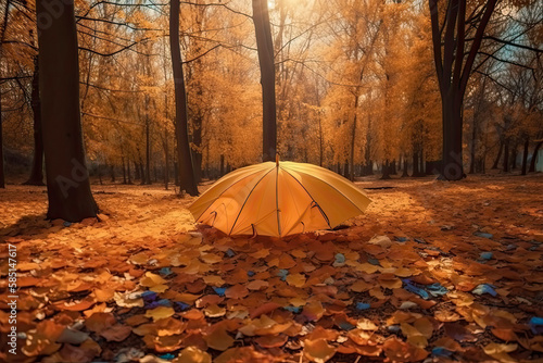 Beautiful autumn background landscape. Carpet of fallen orange autumn leaves in park and blue umbrella. Leaves fly in wind in sunlight. Concept of Golden autumn © surassawadee