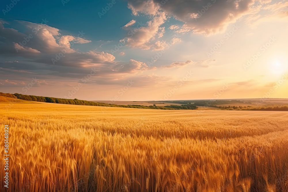 Beautiful natural landscape panorama of golden wheat field at sunset against background