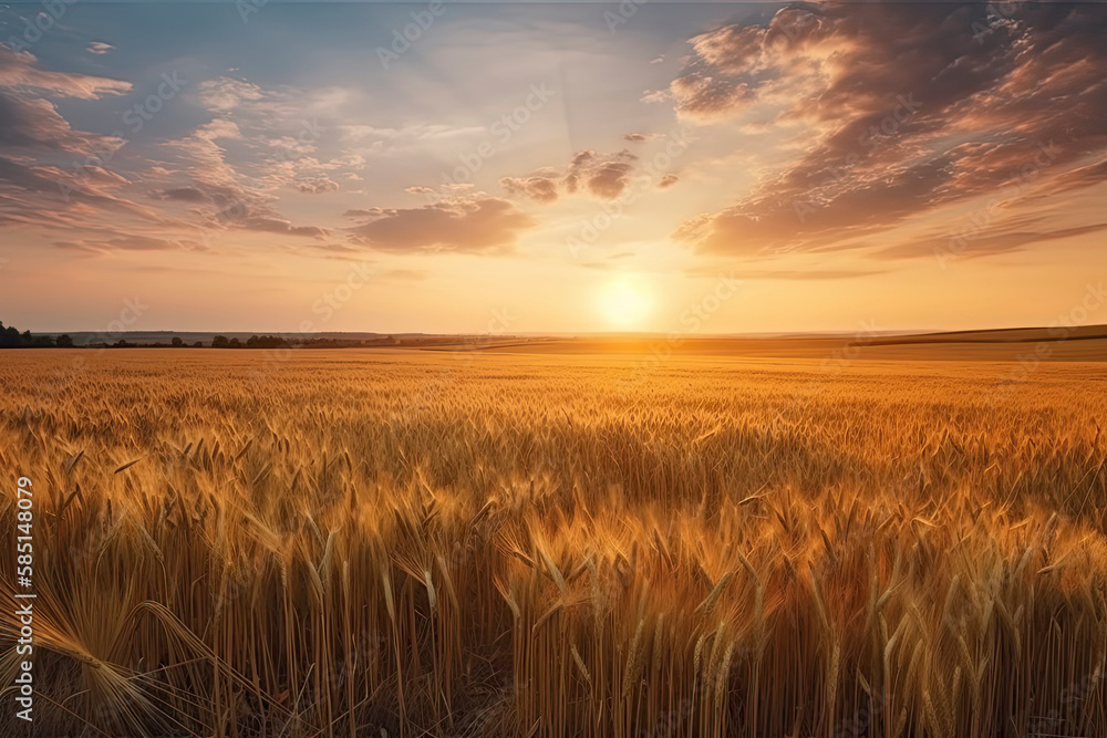 Beautiful natural landscape panorama of golden wheat field at sunset against background