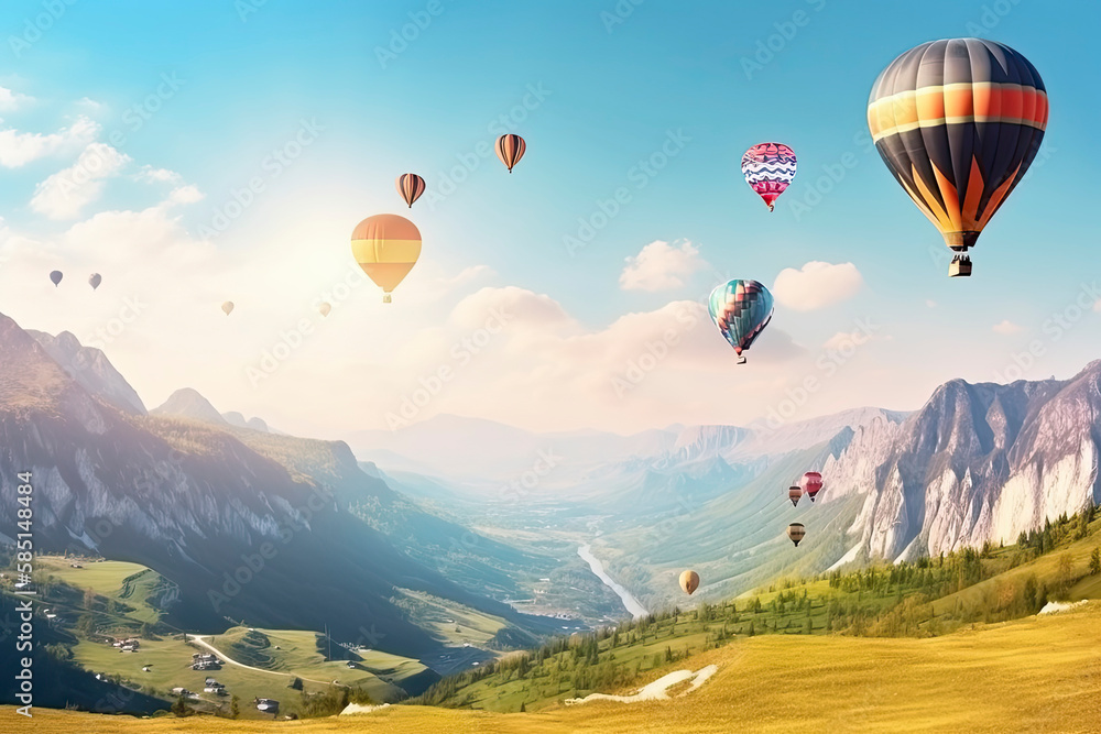 Fototapeta premium colorful hot air balloons fly in sky beautiful mountain landscape