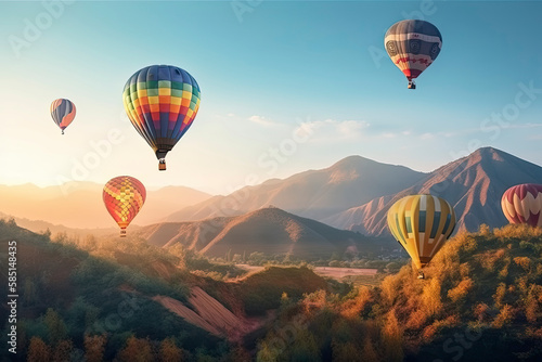 colorful hot air balloons fly in sky beautiful mountain landscape