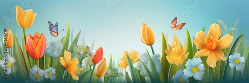 Spring time background. Spring design green grass, leaves and field flowers. Horizontal banner and poster, header for website. generative ai © megavectors