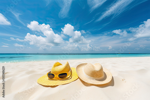 Concept summer beach holiday. Hat, frangipani flower, sunglasses, towel, yellow beach Slippers on sandy tropical beach on background blue sky with white clouds on bright sunny day,