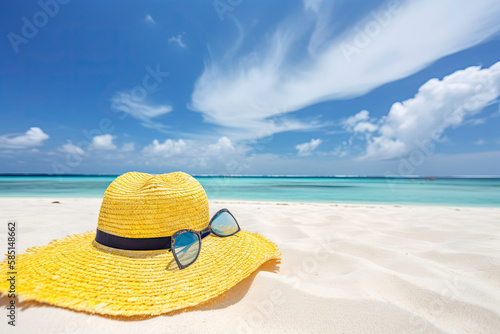 Concept summer beach holiday. Hat, frangipani flower, sunglasses, towel, yellow beach Slippers on sandy tropical beach on background blue sky with white clouds on bright sunny day,