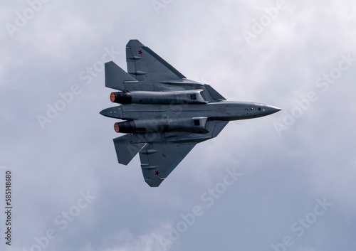 Moscow Russia Zhukovsky Airfield 25 July 2021: Demonstration of the latest Russian SU-57 fighterof the international aerospace salon MAKS-2021