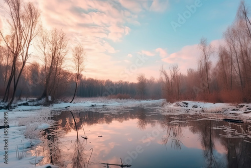 Frozen ice lake in winter in a park in the forest in sunny weather a panoramic view with a blue sky