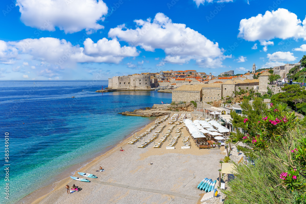 Landscape with Banje beach and old town of Dubrovnik, dalmatian coast, Croatia
