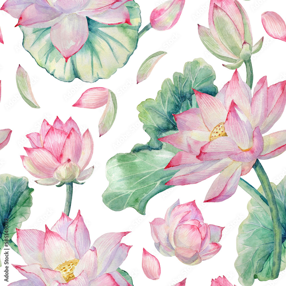 Watercolor seamless pattern with hand-painted elements of lotus flowers, and lotus leaves on a transparent background.