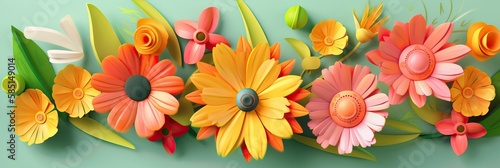 Spring time background. Spring design green grass  leaves and field flowers. Horizontal banner and poster  header for website. generative ai