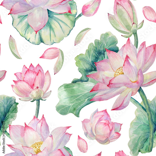 Watercolor seamless pattern with hand-painted elements of lotus flowers, and lotus leaves on a transparent background.
