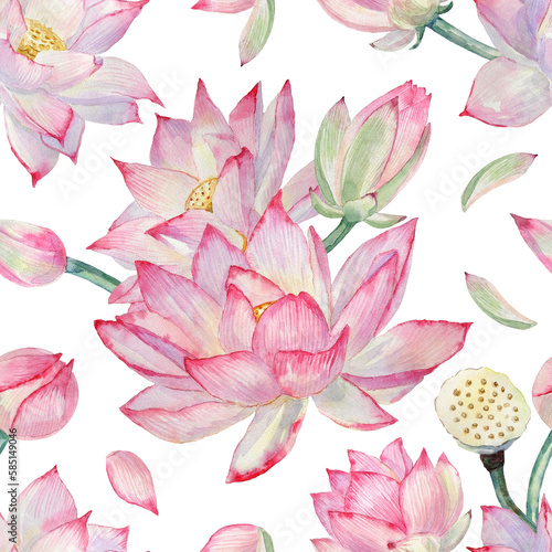 Watercolor seamless pattern with hand-painted elements of lotus flowers  and lotus seed ovaries on a transparent background.