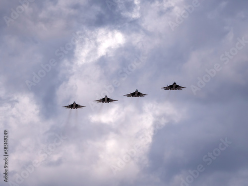 MOSCOW, RUSSIA - MAY 7, 2021: Avia parade in Moscow. Sukhoi Su-57 in the sky on parade of Victory in World War II in Moscow, Russia