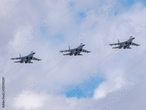 MOSCOW, RUSSIA - MAY 7, 2021: Avia parade in Moscow. jet fighter aircraft Su-35 in the sky on parade of Victory in World War II in Moscow, Russia