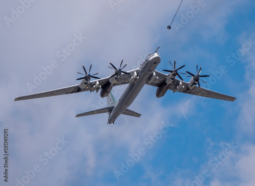 MOSCOW, RUSSIA - MAY 7, 2021: Avia parade in Moscow. strategic bomber and missile platform Tu-95 in the sky on parade of Victory in World War II in Moscow, Russia