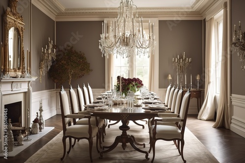 Traditional Dining Room: Create a dining room with a traditional design, using classic materials, elegant details, and refined decor. Generative AI © create interior