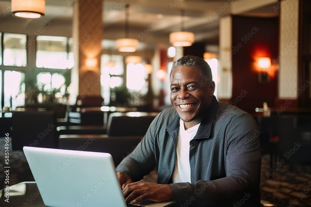 businessman working on a laptop in a hotel lobby businessman working on a laptop in a hotel lobby