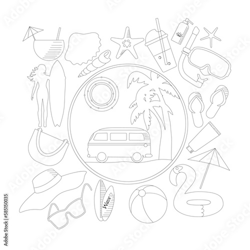 Line art summer icons set. Vector illustration. Isolated on white background.