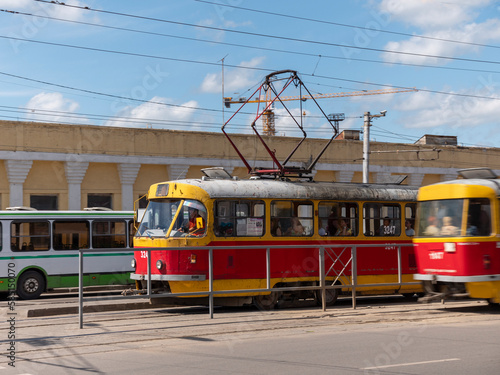 BARNAUL - AUGUST 13, 2022: The Old trams on the streets of Barnaul