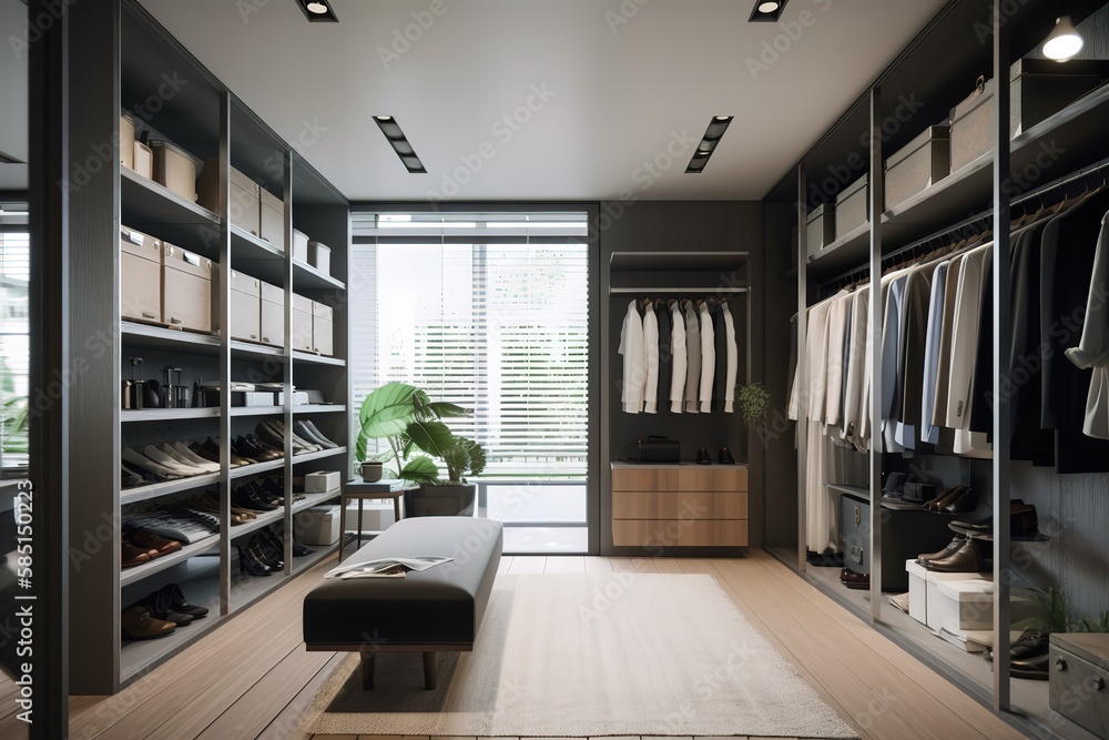 Walk - In Closet: Create a set of images that showcase a spacious, organized walk - in closet. Generative AI Walk - In Closet: Create a set of images that showcase a spacious, organized walk - in closet. Generative AI