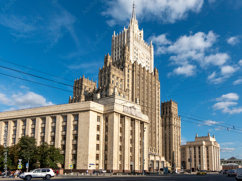 MOSCOW, RUSSIA - JULE 27 2022: The main building of Ministry of Foreign Affairs is one of the famous seven skyscrapers, built in Stalinist style, on Jule 27, 2022 in Moscow, Russi