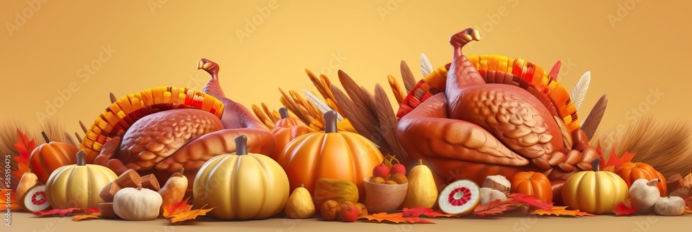 Happy Thanksgiving. Roasted turkey festive table for dinner. Festive design with decorative elements. holiday season. Horizontal banner and poster, header for website. generative ai
