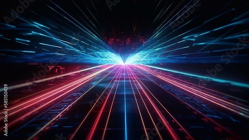 Speed of digital lights  neon glowing rays. Futuristic technology abstract background with lines for network  big data  data center  server  internet  speed. Generative AI.