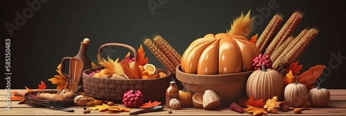 Happy Thanksgiving. Ripe in the autumn ofoschi. Festive design with decorative elements. holiday season. Horizontal banner and poster, header for website. generative ai