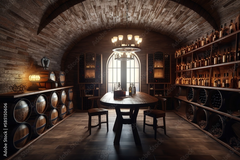 Wine Cellar: Capture a set of images that showcase a sophisticated, elegant wine cellar. Generative AI