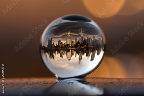 A reflection of a cityscape or landscape in a water droplet. Generative AI